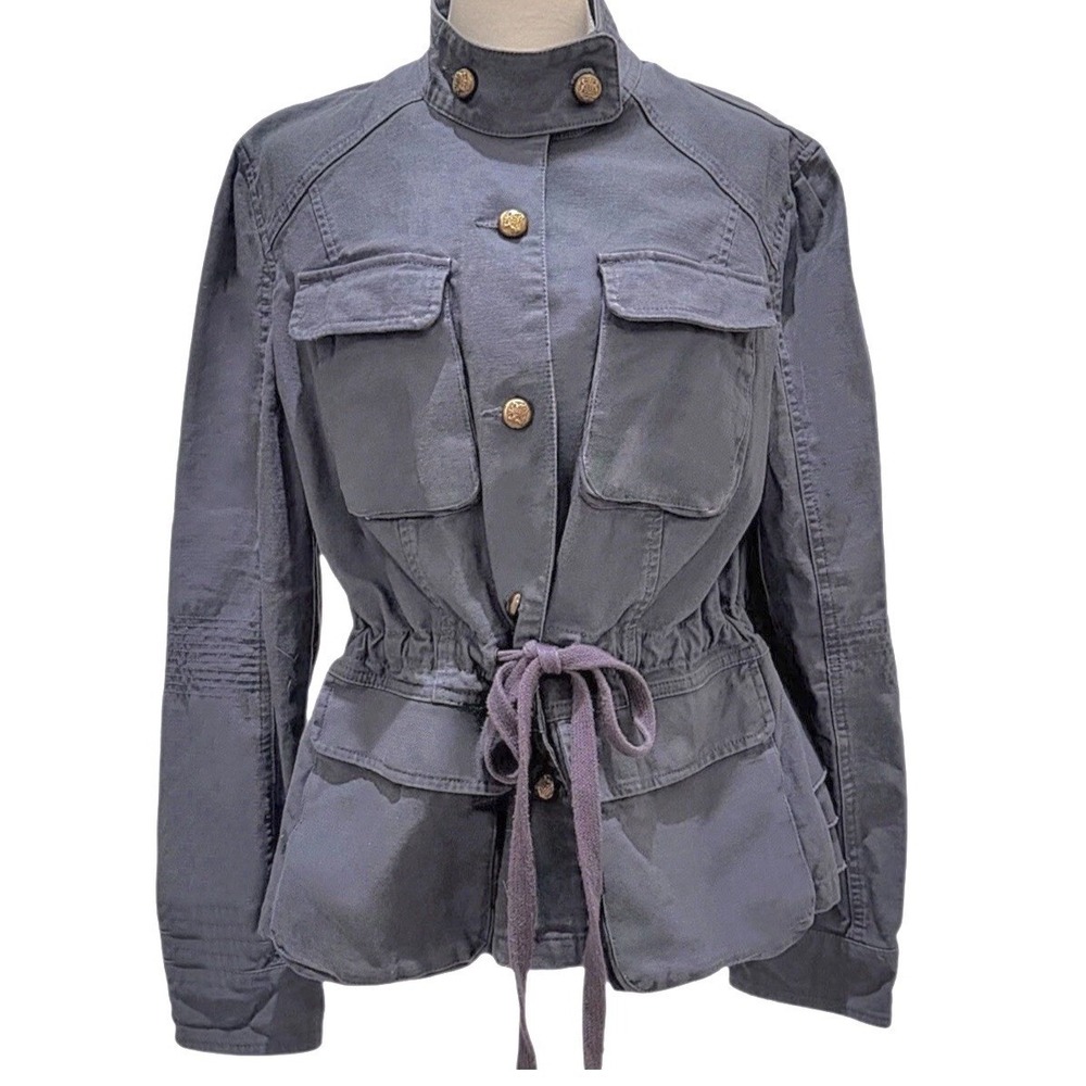 Mossimo Utility Jacket Gray Blue‎ Cinch Waist Tiered Ruffle Hem Brass Button XL